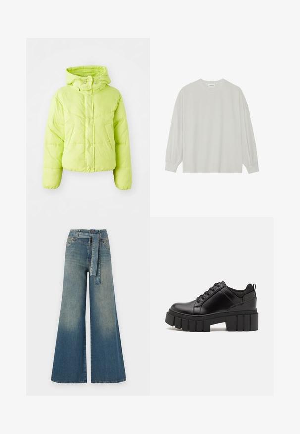 Chaqueta acolchada verde lima con un alto cuello, cierre de botones a presión y patrón acolchado. Material suave y ligero; ajuste cropped y puños elásticos.; Camiseta de manga larga gris claro hecha de algodón suave. Presenta un corte holgado, cuello redondo y puños ligeramente fruncidos. Sin patrones ni gráficos.; Pantalones de mezclilla de pierna ancha con un degradado de azul claro a oscuro, cintura alta, trabillas para cinturón y un cinturón de tela a juego. Acabado de mezclilla texturizada.; Zapatos de plataforma de cuero negro con un tacón cuadrado grueso, punta redonda y diseño tradicional de cordones. Presenta una textura suave y un detalle minimalista.
