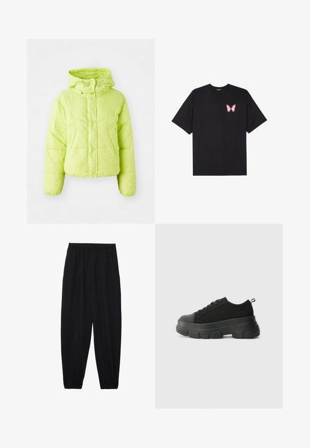 Läikiv roheline puffer-jakk kõrge kaelusega, trükknuppudega sulgemine ja tikandimuster. Pehme, kerge materjal; lühike sobivus ja elastsed mansetid.; Must muströöpidega must puuvillane T-särk, vasakul rinnal on väike roosa liblikas. Ümar kaelus ja vabalt istuv lõige.; Mustad, kerge kangas püksid elastse vöökoha ja kokku volditud pahkluudega. Kanga pind on sile ja disain on lõdvestunud, kitsenev.; Mustad mustad mustikad, millel on tugev kummist põhi, tekstuuriga kangast pealis, ümar varvas ja seotud disain. Omab tugevdatud silmuseid ja tagumist tõmbeotsta.