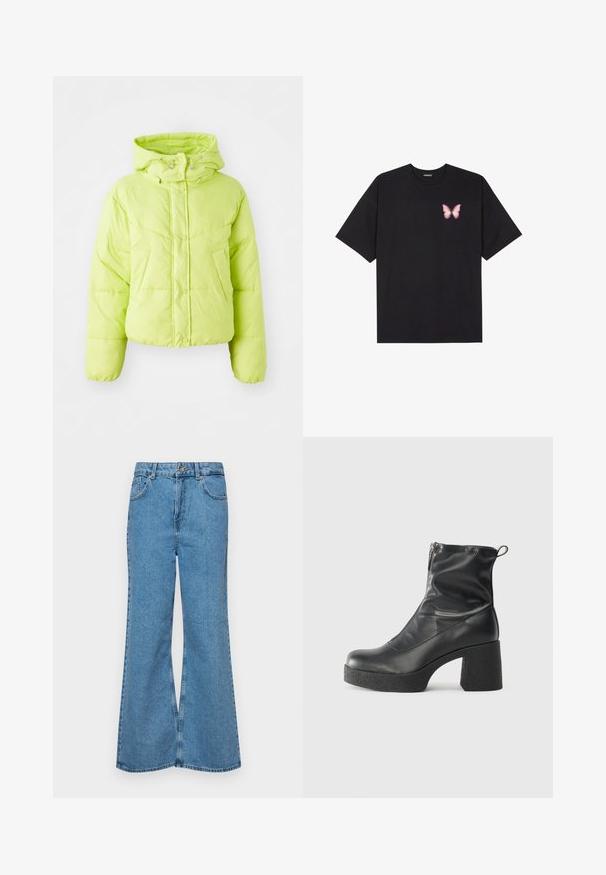 Lime zöld puffaszerű dzseki magas gallérral, patentos záródással és steppelt mintázattal. Puha, könnyű anyagból készült; rövid fazonú és elasztikus mandzsettákkal.; Fekete pamut póló rövid ujjakkal, bal mellkason egy kis rózsaszín pillangó grafikával. Kerek nyakú kialakítás, laza fazonnal.; Világoskék, trapézszárú farmernadrág, magas derékkal, öt zsebbel és egy gombos záródással. Puha tapintású, magasított effektusú anyag.; Fekete bokacsizmák sima bőrből, oldalsó cipzárral, vastag, texturált sarkú és lekerekített orrú dizájnnal.