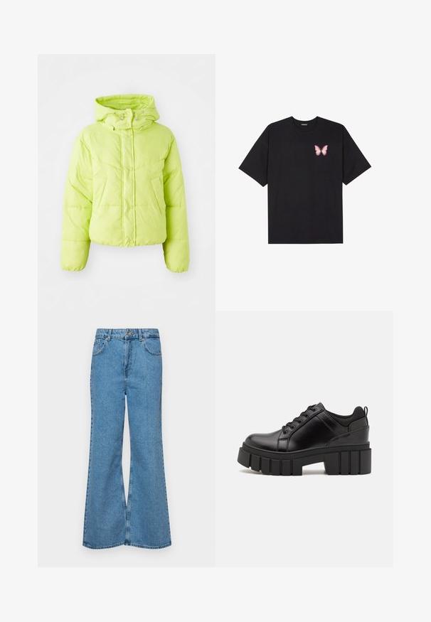 Limoengroen pufferjack met een hoge kraag, drukknoopsluiting en een gekruiste patroon. Zacht, lichtgewicht materiaal; cropped fit en elastische manchetten.; Zwarte katoenen t-shirt met korte mouwen, voorzien van een kleine roze vlinder graphic op de linkerkant van de borst. Crew neck ontwerp met een relaxte fit.; Lichtblauwe flared jeans van denim, met een hoge taille, vijf zakken en een enkele knoopsluiting. Zachte textuur met een vervaagde afwerking.; Zwarte leren platform schoenen met een stevige blokhak, ronde neus en een traditionele vetersluiting. Kenmerkt zich door een gladde textuur en minimale details.