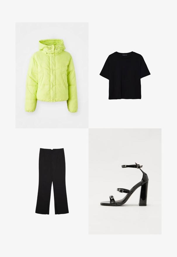 Limegrüne Pufferjacke mit hohem Kragen, Druckknopfverschluss und gestepptem Muster. Weiches, leichtes Material; taillierte Passform und elastische Bündchen.; Schwarzes T-Shirt mit kurzen Ärmeln aus Baumwolle. Verfügt über einen runden Ausschnitt und einen lockeren Schnitt mit einer glatten, einfarbigen Textur. Keine sichtbaren Muster oder Akzente.; Schwarze Hose mit geradem Schnitt, ausgestattet mit Fronttaschen und Seitenschlitzen am Saum. Hergestellt aus weichem, glattem Stoff. Geeignet für verschiedene Anlässe.; Schwarze patentierte Sandalen mit Absatz, quadratischer Spitze, Knöchelriemen und silbernen Schnallen. Mit einem stabilen Blockabsatz für mehr Stabilität.