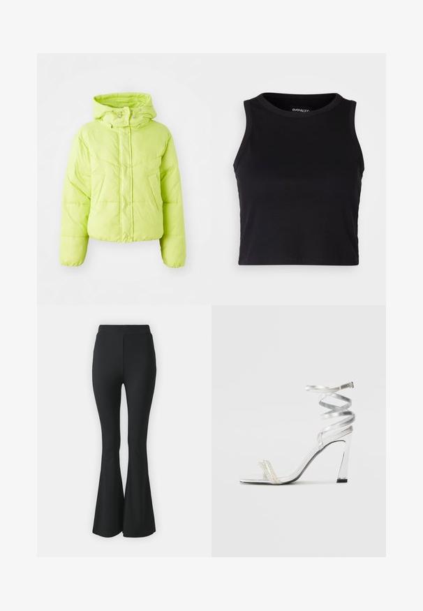 Läikiv roheline puffer-jakk kõrge kaelusega, trükknuppudega sulgemine ja tikandimuster. Pehme, kerge materjal; lühike sobivus ja elastsed mansetid.; Mustard ribaga lõhikuga crop top, millel on ümar kaelus ja ilma varrukateta disain. Valmistatud pehmest ja venivast kangast, millel on puhtad äärised.; Mustast lõtvuvate pükste, mis on valmistatud venivast kangast. Omab kõrget vööd ja sujuvat, keha järgivat disaini, mis laieneb põlve alt allapoole.; Hõbedased kõrge kontsaga sandaalid läikiva rihma disainiga, millel on pärlilaadne aktsent ja keerduv pahkluu rihm turvaliseks sobivuseks.