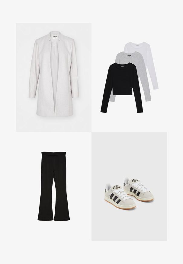 Cappotto lungo grigio chiaro con un corpo simile alla lana e maniche in pelle liscia; presenta un'apertura frontale e un design minimalista.; Tre magliette a maniche lunghe impilate: nera, grigia e bianca. Ognuna ha un colletto rotondo e un design accorciato con tessuto morbido e leggero.; Leggings a zampa nera realizzati in un tessuto elasticizzato. Presentano una vita alta e una superficie liscia, con una silhouette aderente che si ampia all'orlo.; Sneakers in suede grigio con lacci bianchi, strisce nere e suola in gomma bianca. Presentano un logo circolare sulla linguetta e una suola in gomma.