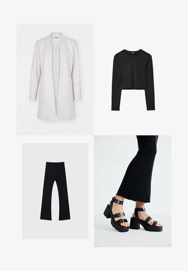 Cappotto lungo grigio chiaro con un corpo simile alla lana e maniche in pelle liscia; presenta un'apertura frontale e un design minimalista.; Top cropped nero a maniche lunghe con scollatura tonda, design semplice e orlo leggermente curvo.; Pantaloni yoga neri con vita alta, realizzati in tessuto elastico, presentano un design a gamba svasata e una superficie liscia in tutto il capo.; Sandali neri con piattaforma, suole chunky e tassellate, dotati di molteplici cinturini, con fibbie in metallo e un texture simile alla pelle liscia.