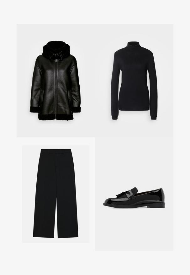 Marks & Spencer Casaco de inverno - black; Suéter de gola alta preto feito de um tecido de malha suave, com mangas longas e uma silhueta ajustada, apresentando um colarinho e bainha canelados.; Calças pretas de perna larga feitas de um tecido suave. Apresentam uma cintura plana com passantes para cinto e sem bolsos visíveis. Design simples.; Mocassins pretos em couro verniz com salto baixo, apresentando um detalhe em franja e superfície lisa, desenhados com um bico arredondado e costura subtil.