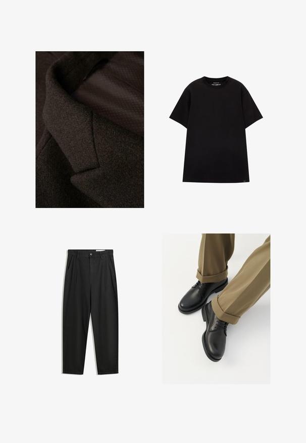 Nahaufnahme eines braunen Wollstoffs mit strukturiertem Finish. Der Kragen ist scharf gestaltet und hat ein glattes Innenfutter, das ein dezentes Muster zeigt.; PULL&BEAR JOIN LIFE - T-Shirt basic - black; Schwarze Baumwollhose mit lockerem Schnitt, ausgestattet mit einem klassischen Bund, vorderen Falten und Seiten taschen. Glatte Textur ohne Muster.; Schwarze Lederschuhe mit glatter Oberfläche, versehen mit Schnürsenkeln und einer runden Zehenpartie, kombiniert mit hochgekrempelten khakifarbenen Hosen.