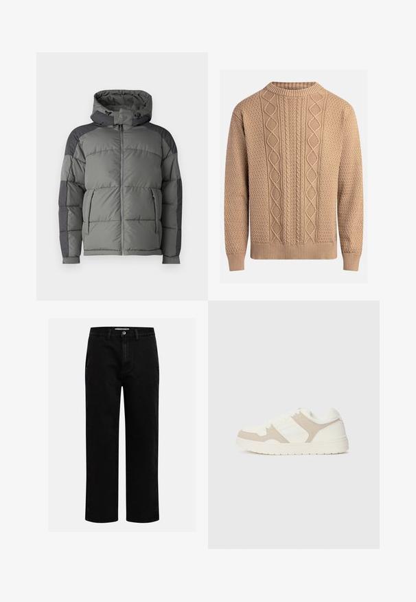 Gray puffer jacket with a hood, featuring a quilted design, zipper front, and dark gray accent panels on shoulders and sleeves.; Knit sweater in beige with textured patterns. Features a crew neck, ribbed cuffs, and varied cable knit designs across the front.; Black denim pants with a straight-leg cut, classic five-pocket design, and a button closure at the waist. Smooth texture and durable fabric.; White and beige sneaker featuring a combination of smooth and suede textures, round toe, lace-up closure, and a flat rubber sole.