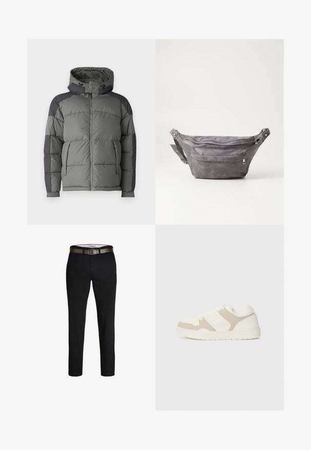 Grijze puffer jas met capuchon, met een getailleerd ontwerp, ritssluiting aan de voorkant en donkergrijze accenten op de schouders en mouwen.; Beige lange mouw gebreide trui met ronde hals en een klein bruin geborduurd logo op de linkerbovenborst, weergegeven op een effen achtergrond.; Zwarte katoenbroek met een rechte pasvorm, voorzien van een bruine leren riem en een gladde textuur. Eenvoudig ontwerp, geen zichtbare patronen of accenten.; Witte en beige sneaker met een combinatie van gladde en suède texturen, ronde neus, vetersluiting en een platte rubberen zool.; Grijze suède heuptas met een ronde vorm, twee met rits afgesloten compartimenten en een verstelbare band. Voorzien van metalen accenten.