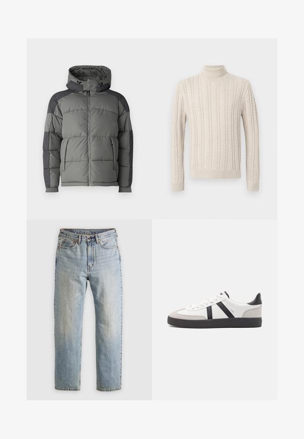 Gray puffer jacket with a hood, featuring a quilted design, zipper front, and dark gray accent panels on shoulders and sleeves.; Beige, knitted sweater with a high, ribbed turtleneck. Features a textured cable pattern and ribbed cuffs and hem, offering a cozy appearance.; Light blue denim jeans with high waist, front button, zipper, and five-pocket design, laid flat on a neutral background.; White sneaker with black and gray accents, featuring a textured gray toe cap, black rubber sole, and flat white laces. Clean design, minimalist style.