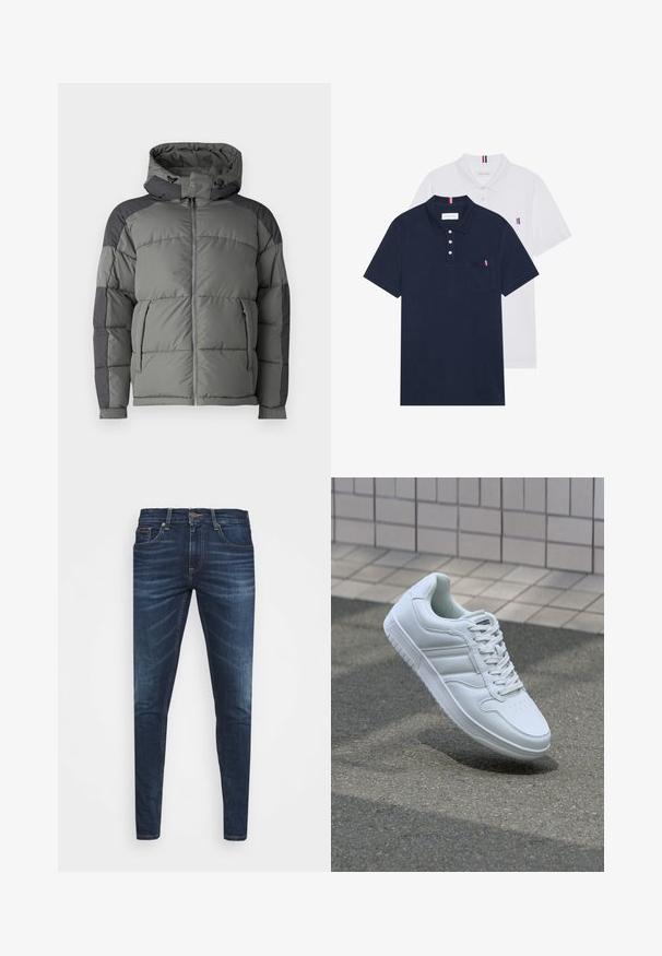 Pelēks pūkains jaka ar kapuci, kurai ir quilted dizains, rāvējslēdzējs priekšā un tumši pelēki akcentu paneļi uz pleciem un piedurknēm.; Divas polo kreklu komplekts: viens tumši zils un viens balts, abi ar mazu sarkanu, baltu un zilu akcentu uz krūšu kabatas un apkakles.; Tumši zili džinsi ar šauru piegriezumu, ar vieglu izbalēšanu, piecām kabatām un metalizētu pogu aizdari. Šuvju akcenti kontrastējošā krāsā.; Balti sporta apavi ar gludu ādas virsu, sasienamais priekšpuse, perforēts purngals un rakstaina zole. Minimālisma dizains ar trim sānu svītrām.