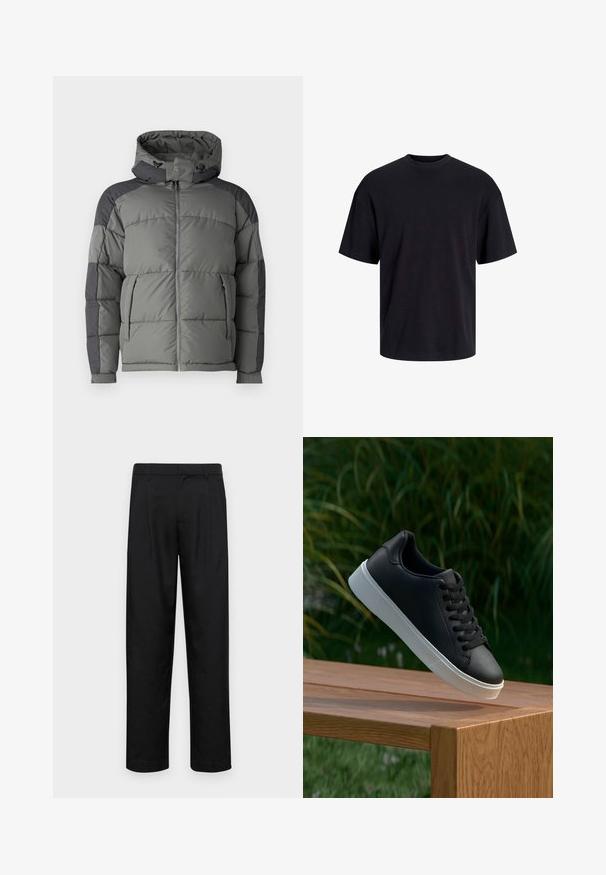 Grijze puffer jas met capuchon, met een getailleerd ontwerp, ritssluiting aan de voorkant en donkergrijze accenten op de schouders en mouwen.; Zwarte katoenen t-shirt met een ronde halslijn, korte mouwen en een relaxte pasvorm. Glad textuur en geen zichtbare patronen of accenten.; Zwarte broeken van gladde stof, met een recht model, twee voorknikken en een standaard tailleband met riemlussen.; Zwarte leren sneaker met een gladde textuur, witte rubberen zool en zes oogjes voor veter, weergegeven op een houten oppervlak.