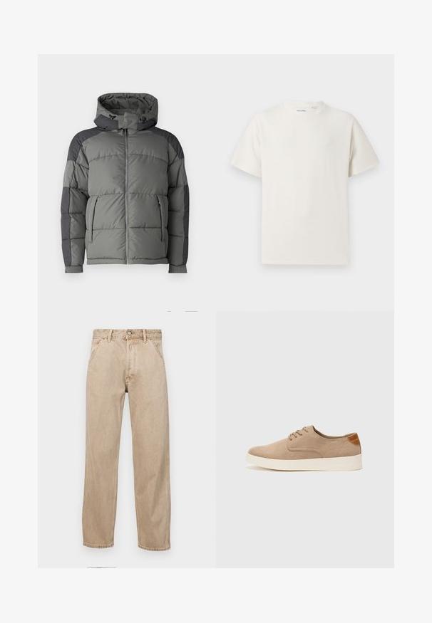 Hallide hallhall, millel on kapuuts, pakkudes tikandit, lukuga esiosa ja tumedast hallist aktsendipaneelist õlgadel ja varrukatel.; Valge lühikeste varrukatega T-särk ribakudumises. Ümar kaelus, mugav lõige, nähtavad mustrid ega aksessuaarid puuduvad. Lihtne ja mitmekesine disain.; Bežidemini teksased sirgjoonise kujundusega, front pocket'itega, metallist nööbi kinnitusega ja peene tekstuuriga.; Beežid nahast tossud ümarate varvastega, paeltega esiosa ja tekstuuriga tagakontuuriga. Valge kummist tallapakkumine loob kontrasti. Lihtne ja kaasaegne disain.