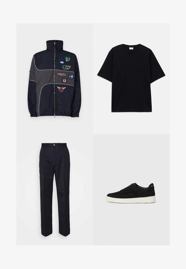 Navy and gray puffer jacket, zippered with high collar. Features multiple fabric patches with logos and embroidered accents on the chest.; Black short-sleeve oversized T-shirt with round neckline and visible Filippa K brand label inside the collar.; Black tailored trousers with a straight-leg design, made of smooth fabric, featuring a front button closure and two side pockets.; Black suede sneaker with lace-up design and contrasting white rubber sole. Features textured side panels and subtle branding on the heel.