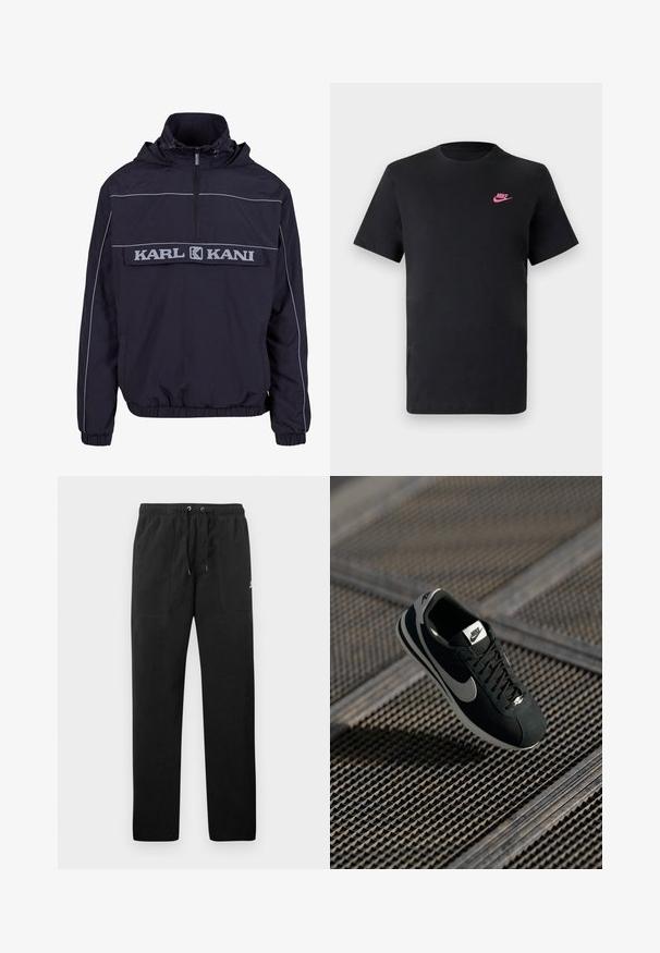Svart vindjakke med halv glidelås, kengurulomme, elastiske mansjetter og kontrasterende grå piping med "KARL KANI" logo.; Svart bomull T-skjorte med rund hals og korte ermer. Har en rosa Nike-logo på øvre venstre side. Glatt tekstur.; Sorte joggebukser laget av fleece, med elastisk liv med snøring, to frontlommer og en liten logo på låret.; Sorte Nike-sneaker med grå detaljer, suede og mesh-materialer, teksturert såle, smal form og klassisk snøredesign.