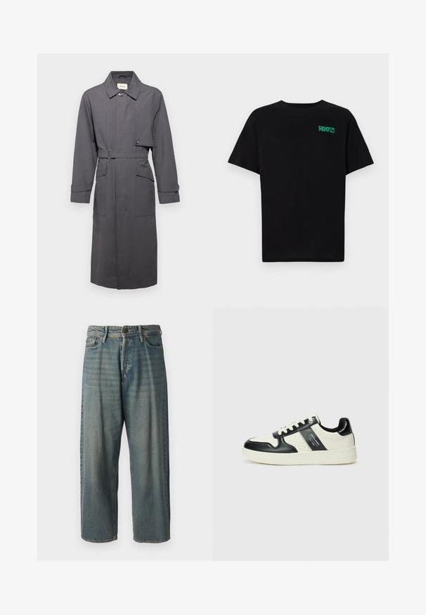 Holzweiler CROWLEY COAT - Trenčkot - grey; Čierne tričko s krátkymi rukávmi vyrobené z bavlny. Na prednej strane má zelené logo "ROOTS", okrúhly výstrih a štandardný strih.; Svetlomodré denimové nohavice so voľným strihom, stredne vysokým pásom a rovnými nohavicami. Obsahujú päť vreciek, pútka na opasok a zapínanie na gombík.; Kožené tenisky v čierno-krémovej farbe, s perforovanými akcentmi, polstrovaným golierom a štruktúrovanou podrážkou.