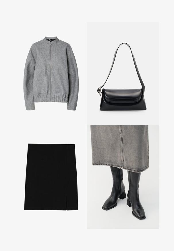 Grå bomberjakke lavet af tekstureret stof med en lynlås foran, to sidelommer og en rynket kant. Simpelt, udekoreret design.; Olivenfarvet strikket sweater med rund hals, lange ærmer og ribbet kant. Har et cropped design med en blød, struktureret overflade.; Sort mini nederdel lavet af blødt stof med en tætsiddende design, der har en lille slids på siden for ekstra detalje.; Sorte knæhøje støvler i glat læder med firkantet tå og blokeret hæl. Båret med en grå denimnederdel med flosset kant.; Sort læderhåndvask med en struktureret form, en glat overflade og en enkelt skulderrem. Har et subtilt, rundet klapdesign.