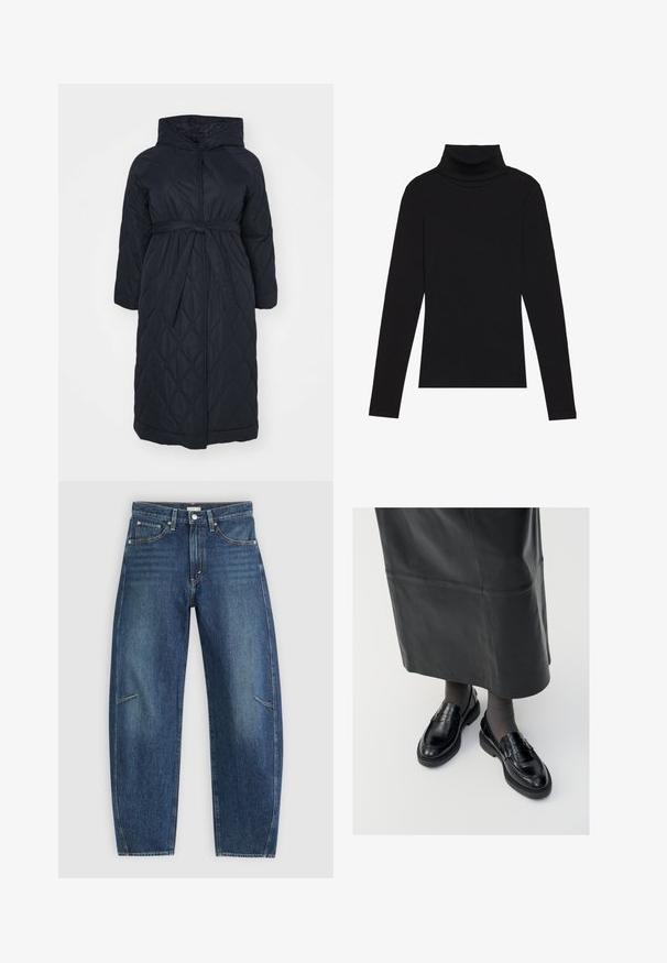 Többrétegű, hosszú fekete kabát kapucnival, övvel a deréknál és gyémántmintával; hosszú ujjakkal és egyenes aljjal rendelkezik. Simaság jellemzi a szövet textúráját.; Fekete garbónyakú, hosszú ujjú felső, bordás anyagból készült, testhez álló fazonnal, magas nyakkal, minták és díszítések nélkül.; Sötétkék farmernadrág egyenes lábbal, elülső zsebekkel, kontrasztöltéssel és enyhén kopott textúrával a lábakon.; Fekete bőr loafer cipők sima felülettel, díszítő pánttal, kerek orral és texturált talppal. Hosszú fekete bőr szoknyával viselve.