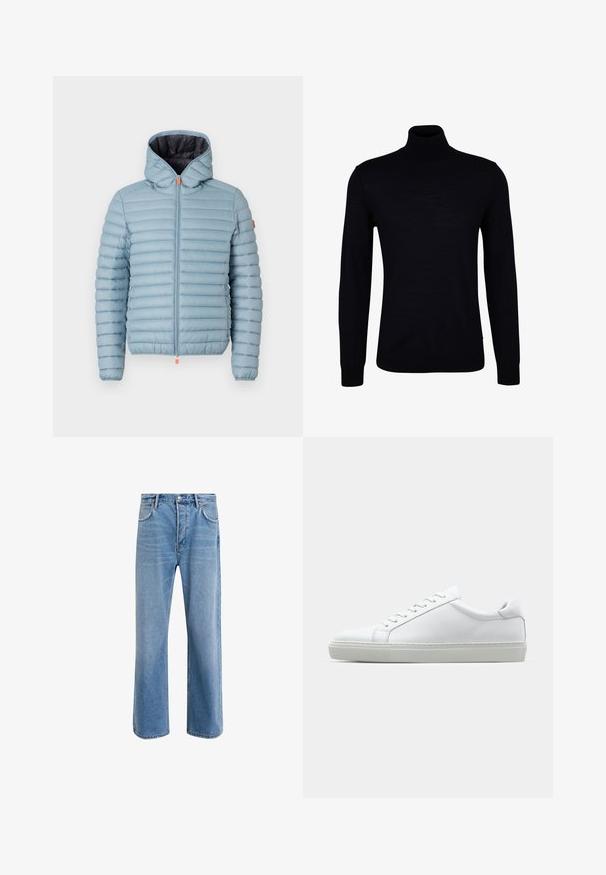 Save the duck DONALD - Lagana jakna - atitlan grey; Crna pletena majica s visokim ovratnikom izrađena od glatke pletenine. Ima dugačke rukave, uski ovratnik te rebraste manžete i rub za čvrsto prianjanje.; Svijetloplave traperice s ravnim nogavicama, pet džepova, zatvaranjem na gumb, minimalnim izbljeđivanjem i kontrastnim šavovima.; Bijela tenisica s glatkim kožnim gornjim dijelom i niskim profilom. Ima zaobljen vrh, šest rupica za vezanje i teksturiranu gumenu podlogu.