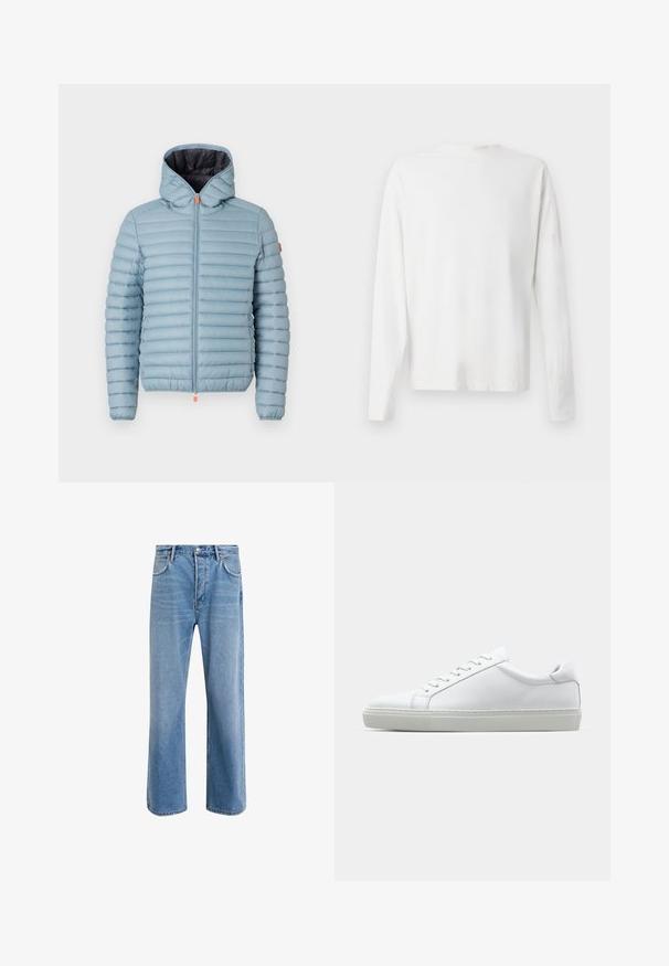 Save the duck DONALD - Lahka jakna - atitlan grey; Bela bombažna srajca z dolgimi rokavi in okroglo ovratnikom, z bočnimi razporki na dnu in gladko teksturo, prikazana s hrbtne strani.; Svetlo modre denim kavbojke s ravno nogavico, petimi žepi, z gumbom za zapiranje, minimalnim zbledelostjo in kontrastnimi šivi.; Bela športna obutev z gladkim usnjenim zgornjim delom in nizkim profilom. Ima zaokrožen nos, šest lukenj za vezalke in teksturiran gumijast podplat.