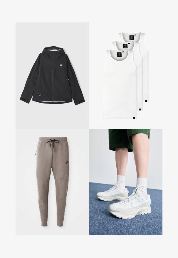 Černá voděodolná bunda s kapucí, s úhlovým logem, zapínáním na zip, nastavitelnými manžetami a reflexním prvkem na lemování.; Tři bílé žebrované tílka vyrobené z bavlny. Mají kulatý výstřih a malé černé štítky poblíž lemu. Dostupné v několika velikostech.; Šedé Nike tepláky s elastickým pasem na šňůrku, zúženými nohavicemi, bočními kapsami a charakteristickým švem. Měkká, strukturovaná tkanina.; Bílé sportovní boty s texturovanými překryvy, masivní podrážkou a šedými akcenty. Na nohou mají bílé ponožky a zelené šortky na modrém povrchu.