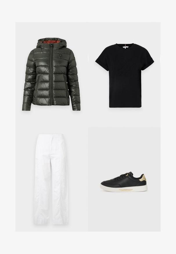 Jachetă căptușită de culoare verde închis, cu un finisaj lucios, fermoar frontal, glugă și căptușeală contrastantă de culoare portocalie. Include buzunare laterale și detaliu cu logo.; Tricou din bumbac negru, cu mâneci scurte răsucite, având un logo embosat în centrul său și un accent mic cu steag pe lateral.; Pantaloni albi cu croială largă, fabricați dintr-un material ușor, având o textură netedă, linii curate și un design cu talie înaltă.; Sneakers din piele neagră cu o textură netedă, talpă din cauciuc alb, accente aurii pe călcâi și ochiuri, având un logo pe lateral.