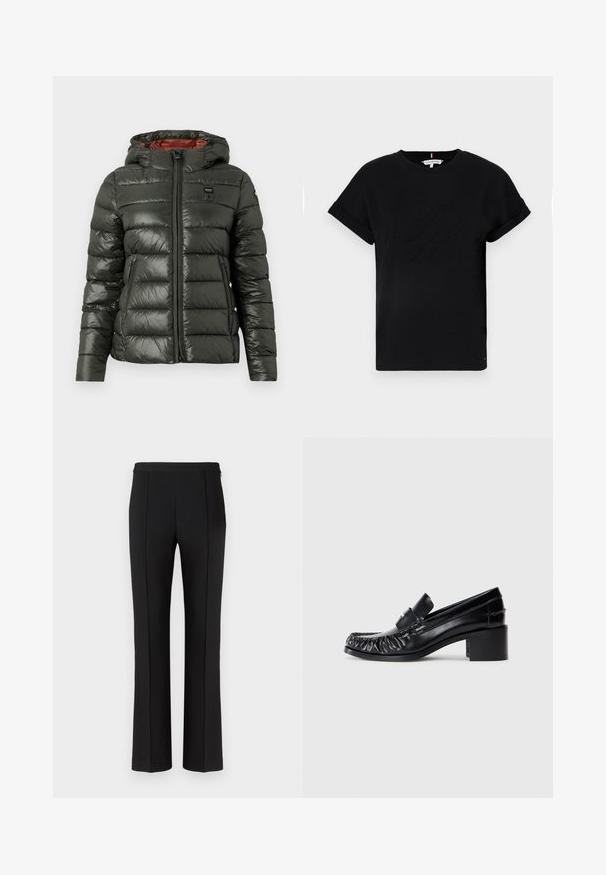 Padded jacket in dark green with a glossy finish, front zipper, hood, and contrasting orange lining. Features side pockets and logo detail.; Black cotton t-shirt with rolled short sleeves, featuring an embossed logo in the center and a small flag accent on the side.; Black tailored trousers with a smooth texture, featuring a straight-leg cut, centered front pleats, and a minimalist waistband design.; Black leather loafers with a ruffled front, round toe, and a block heel. Features a decorative strap and stitching detail along the edges.