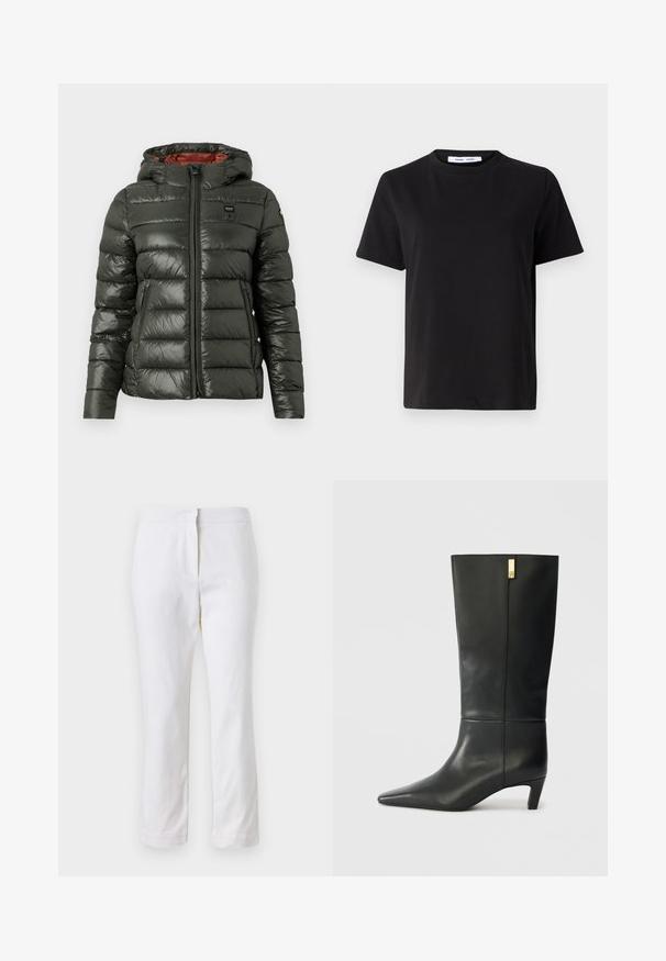 Dugotrajna jakna u tamnozelenoj boji s sjajnim završetkom, prednjim patentnim zatvaračem, kapuljačom i kontrastnom narančastom podstavom. Sadrži bočne džepove i detalj s logotipom.; Crna kratka majica s kratkim rukavima od mekanog pamuka, s okruglim izrezom, opuštenim krojem i glatkom teksturom. Nema vidljivih uzoraka ili grafike.; Bijele pamučne hlače ravnog kroja, sa strukom srednje visine i bez vidljivih metalnih dijelova ili uzoraka. Glatka tekstura kroz cijelu dužinu.; Crne kožne čizme do koljena s šiljastim nosom i malim potpeticom. Imaju elegantan dizajn s detaljima u zlatnoj boji. Glatka tekstura.
