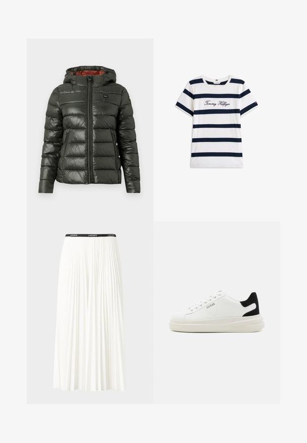 Chaqueta acolchada en verde oscuro con un acabado brillante, cremallera frontal, capucha y forro naranja contrastante. Cuenta con bolsillos laterales y detalle del logotipo.; Camiseta de algodón con rayas horizontales azul marino sobre un fondo blanco. "Tommy Hilfiger" bordado en cursiva en el pecho. Escote de tipo crew.; Falda blanca plisada con una cinturilla elástica negra que presenta el logotipo "LACOSTE". Diseño de longitud media con textura suave.; Zapatillas blancas de cuero con una suela blanca gruesa, acento en el talón de ante negro y logo grabado en el lateral. Diseño de cordones con seis ojales.