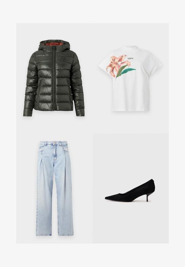 Puffa jaka tumši zaļā krāsā ar spīdīgu apdari, priekšējais rāvējslēdzis, kapuce un kontrastējoša oranža oderējuma. Iekļauj sānu kabatas un logotipa detaļas.; Balta kokvilnas T-kreklu ar īsām piedurknēm, kurā kreisajā pusē ir rozā ziedu raksts un zaļas lapas. Virs raksta ir pelēks "Guess" logo.; Gaiši zilas džinsu bikses ar augstu jostasvietu, plats kāju griezumu, divām sānu kabatām un krokotā dizaina akcentiem. Mīksta tekstūra ar izdilušu apdari.; Melnas zamšādas augstpapēžu kurpes ar vienu punktētu purngalu un šauru, zemu papēdi. Gluda tekstūra ar elegantu dizainu, bez redzamiem aksesuāriem.