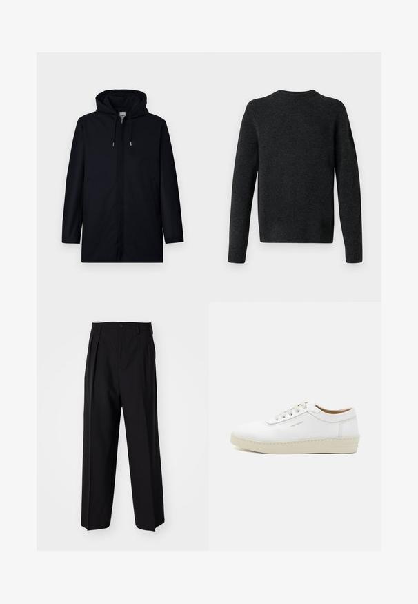 Abrigo negro con capucha de diseño minimalista. Cuenta con bolsillos laterales, textura suave y silueta recta. Estilo moderno y funcional.; Suéter de punto gris oscuro con cuello redondo, mangas largas y una textura suave. Diseño simple, sin patrones visibles ni detalles de hardware.; Pantalones negros plisados con un diseño recto y de pierna ancha. Fabricados en una tela suave, presentan un cierre de botón y trabillas para el cinturón.; Zapatilla blanca de cuero con un acabado texturizado, punta redonda, suela de goma beige y seis ojales para cordones grises, con un discreto logotipo en el lateral.