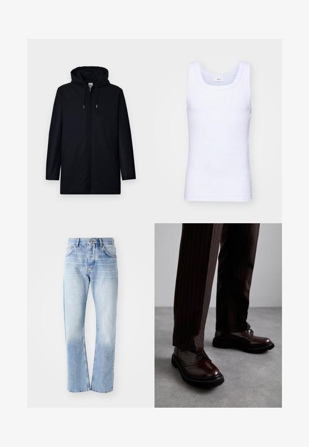 Black, hooded coat with a minimalist design. Features side pockets, a smooth texture, and a straight silhouette. Modern and functional style.; White cotton sleeveless tank top with a round neckline, featuring a smooth texture and a fitting shape, designed for casual wear.; Light blue denim jeans with a straight-leg cut. Features a five-pocket design, button fly, and faded texture towards the bottom.; Brown leather lace-up shoes with a glossy finish, black rubber sole, and subtle stitching. Worn with pinstriped brown trousers.
