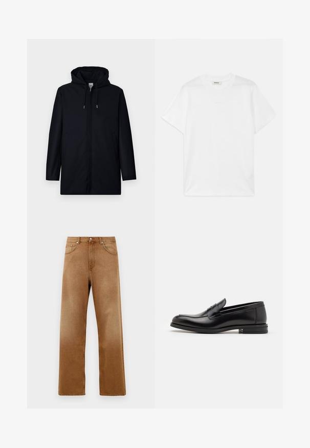 Musta hupullinen takki, jossa minimalistinen muotoilu. Varustettu sivutaskuilla, sileällä pinnalla ja suoralla siluetilla. Moderni ja toiminnallinen tyyli.; Valkoinen puuvillapaita, jossa on pyöreä kaula-aukko, lyhyet hihat ja hienovarainen logo painettuna etupuolelle. Suora pinta ja yksinkertainen muotoilu.; Ruskot vaaleat farkut leveällä lahkeella ja korkealla vyötäröllä, joissa on kaksi etutaskua, nappikiinnitys ja hienovarainen tekstuuri. Ei näkyviä kuvioita tai yksityiskohtia.; Mustat nahkakengät, joissa on sileä pinta, pyöreä kärki ja koristeellinen nauha jalkapöydän yli. Matala pinoitu koroke, minimalistinen muotoilu.