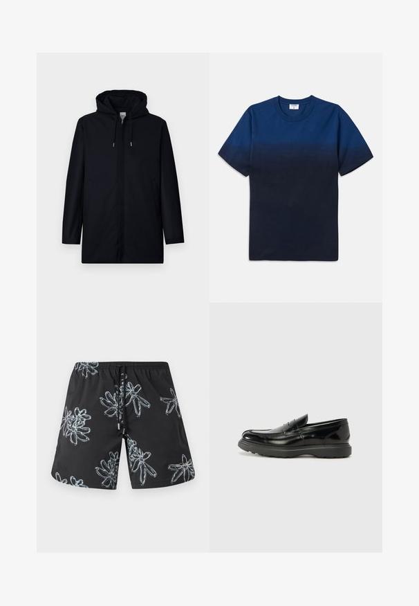 Zwarte, gewatteerde jas met een minimalistisch ontwerp. Voorzien van zijzakken, een gladde textuur en een rechte silhouet. Moderne en functionele stijl.; Navyblauwe katoenen T-shirt met een ronde hals, korte mouwen en een subtiel gradientontwerp dat overgaat van lichtere naar donkere tinten.; Zwarte zwembroek met een glanzend bloemenpatroon in lichtgrijs. Elastische tailleband met trekkoord en logo-detail aan de onderkant aan de rechterzijde.; Zwarte leren instapper met een glanzende afwerking, een ronde neus, subtiele stiksels en een dikke rubberen zool voor duurzaamheid.