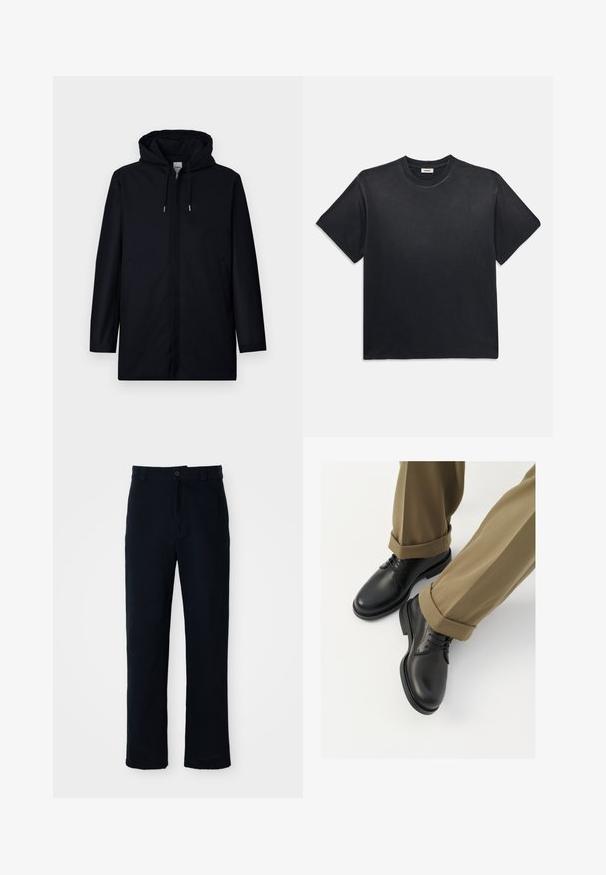 Fekete, kapucnis kabát minimalista dizájnnal. Oldalzsebekkel, sima textúrával és egyenes sziluettel rendelkezik. Modern és funkcionális stílus.; Fekete pamut póló kerek nyakkivágással és rövid ujjakkal. Lazább fazon, sima textúra és minimalista design jellemzi.; Sötétkék pamut nadrág, egyenes szárú fazonnal, elülső gombos záródással és klasszikus derékkal, övhurkokkal.; Fekete bőröntyös cipők sima felülettel, fűzővel és kerek orral, feltekerhető khaki nadrággal párosítva.