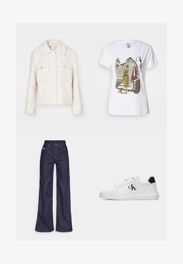 Weiße, flauschige Jacke aus weichem Material, mit einem Kragen, zwei Vordertaschen mit Druckknöpfen und langen Ärmeln.; Weißes Baumwoll-T-Shirt mit einem bedruckten Motiv, das zwei Frauen in urbanen Modestilen zeigt, die mit einem Hund auf einem Zebrastreifen stehen, mit Stadtgebäuden im Hintergrund.; Dunkelblaue weite Jeans aus Denimstoff mit hoher Taille, ausgestattet mit orangefarbenen Nähten, fünf Taschen und einem Knopfverschluss.; Weiße Low-Top-Sneaker mit schwarzem Fersenpatch, Plateau-Sohle, Schnürsenkeln und Calvin Klein "CK"-Logo an der Seite.