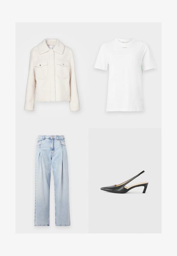Weiße, flauschige Jacke aus weichem Material, mit einem Kragen, zwei Vordertaschen mit Druckknöpfen und langen Ärmeln.; Weißes Baumwoll-T-Shirt mit Rundhalsausschnitt, kurzen Ärmeln und einem kleinen schwarzen "Calvin Klein"-Logo auf der Brust. Schlichtes Design, keine Muster.; Helle blaue Denim-Jeans mit hoher Taille, weitem Beinschnitt, zwei seitlichen Taschen und gefaltetem Design. Weiche Textur mit einem ausgebleichten Finish.; Schwarzer spitz zulaufender Slingback-Schuh mit niedrigem Absatz, der aus glattem Leder gefertigt ist und seitliche Ausschnitte für Atmungsaktivität aufweist.