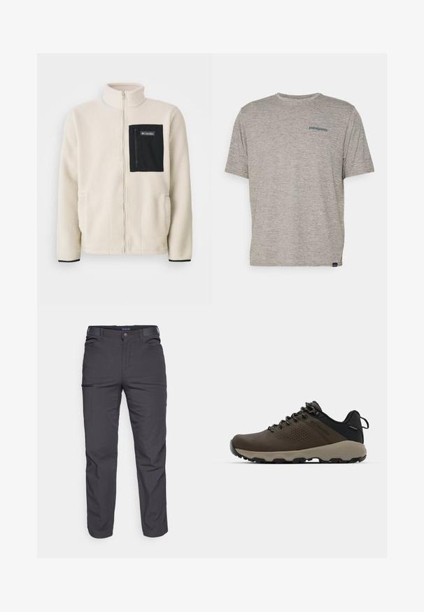 Fleecejack in off-white met een zwart ritszak op de borst en zwarte details. Heeft een hoge kraag en ronde voorzakken.; Grijze T-shirt met korte mouwen, gemaakt van zachte, gestructureerde stof, met een klein blauw Patagonia-logo op de linkerkant van de borst. Geen extra patronen.; Donkergrijze broek van duurzaam materiaal, met een ritssluiting zak, rechte snit en lussen voor een verstelbare pasvorm.; Bruine waterdichte sneakers met een gestructureerde bovenkant, geperforeerde accenten, zwarte hielsteun en een grijze rubberen zool. De veters zijn voorzien van metalen uiteinden.