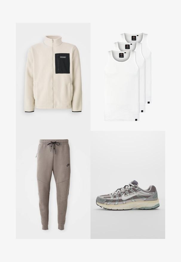 Fleece mikina v krémové barvě s černou zipovou náprsní kapsou a černými detaily. Má vysoký límec a zaoblené přední kapsy.; Tři bílé žebrované tílka vyrobené z bavlny. Mají kulatý výstřih a malé černé štítky poblíž lemu. Dostupné v několika velikostech.; Šedé Nike tepláky s elastickým pasem na šňůrku, zúženými nohavicemi, bočními kapsami a charakteristickým švem. Měkká, strukturovaná tkanina.; Šedá sportovní obuv s vrchní částí z mikrovlákna a semiše, bílými akcenty, polstrovanou podrážkou a jedinečným designem s reflexními prvky.