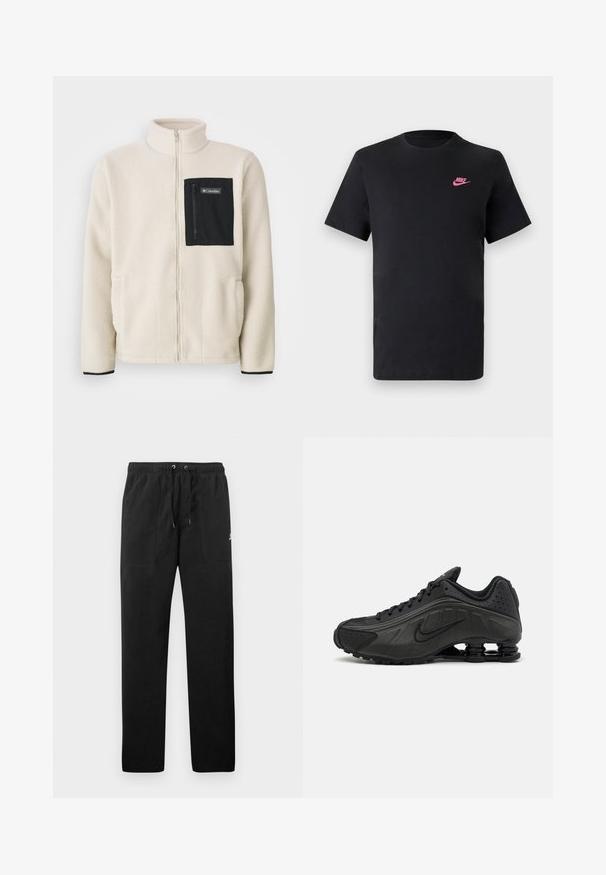 Fleece jacket in off-white with a black zippered chest pocket and black trim. Features a high collar and rounded front pockets.; Black cotton t-shirt with a round neckline and short sleeves. Features a pink Nike logo on the upper left side. Smooth texture.; Black sweatpants made of fleece, featuring an elastic waistband with drawstrings, two front pockets, and a small logo on the thigh.; Black running shoes featuring a smooth synthetic upper, perforated accents, textured side panels, and a distinct springy sole.