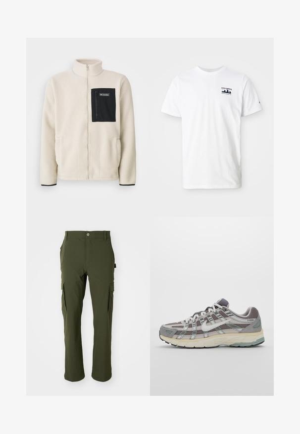 Fleece jacket in off-white with a black zippered chest pocket and black trim. Features a high collar and rounded front pockets.; White cotton t-shirt with short sleeves. Features a navy logo on the left chest. Simple crew neck design, smooth texture.; Olive green cargo pants made of lightweight fabric. Features straight legs, multiple side pockets, and a button closure at the waist.; Gray athletic shoe featuring a mesh and suede upper, white accents, a cushioned sole, and a distinctive design with reflective elements.