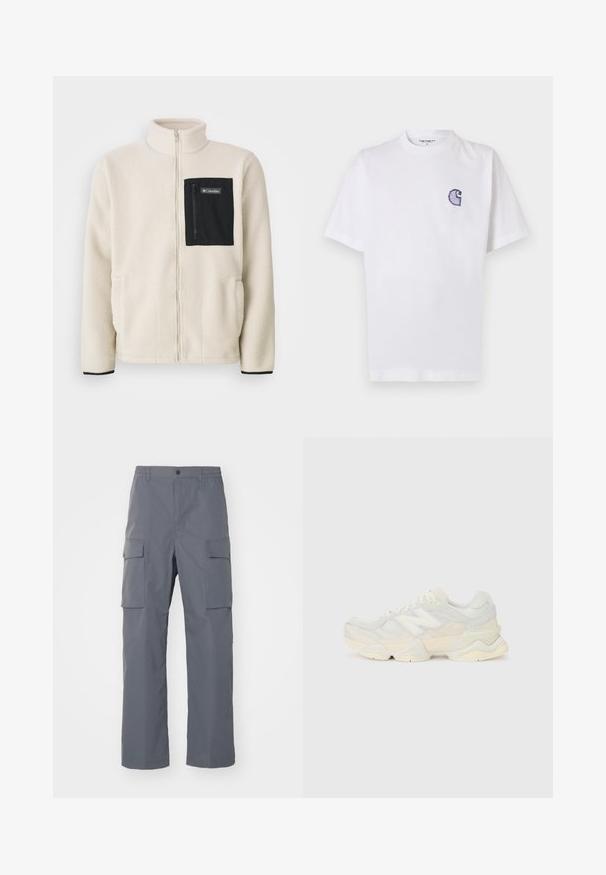 Fleece jakna v off-white barvi z črnimi žepnimi zadrgami na prsih in črnim trakom. Ima visok ovratnik in zaobljene sprednje žepe.; Bela bombažna majica s kratkimi rokavi, okrolim izrezom in majhnim, vezenim modrim logotipom "C" na levi strani prsnega koša.; Sive cargo hlače iz trpežnega materiala. Vključujejo elastičen pas, dve veliki stranski žepu in ravne hlačnice.; Lahki športni čevlji z zgornjim delom iz mrežastega materiala in antilopa v nežnih kremnih tonih, z debelim podplatom in tridimenzionalnimi poudarki.
