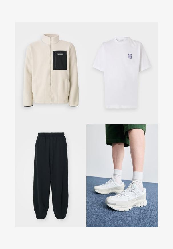 Casaco de fleece em off-white com um bolso de peito com fecho preto e acabamentos pretos. Apresenta um colarinho alto e bolsos frontais arredondados.; T-shirt branca de algodão com mangas curtas, decote redondo e um pequeno logotipo azul "C" bordado no lado esquerdo do peito.; Calças de fato de treino pretas, com cintura elástica e um corte solto, com punhos nas pernas, textura suave e sem padrões visíveis ou detalhes de metal.; Sapatos atléticos brancos com sobreposições texturizadas, sola espessa e detalhes em cinza. Usados com meias brancas até ao tornozelo e calções verdes sobre uma superfície azul.