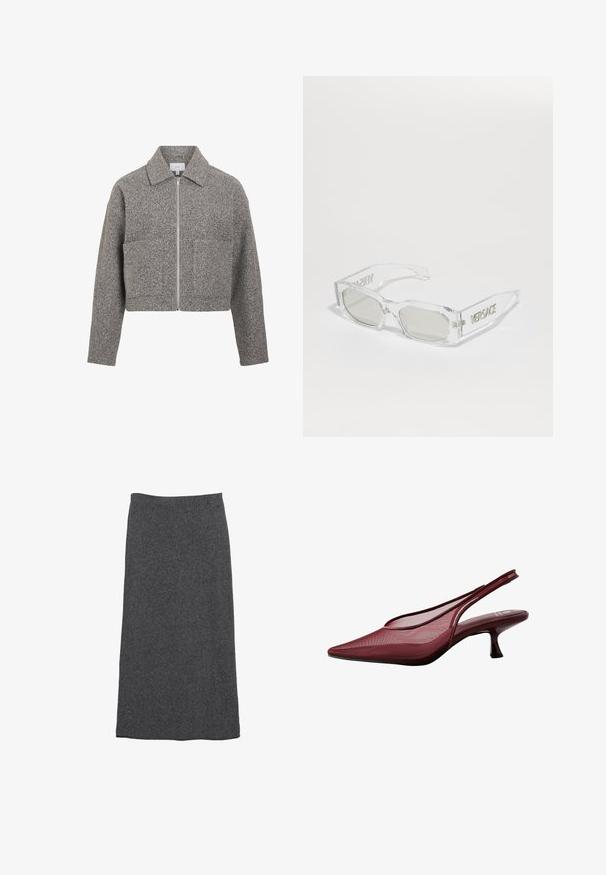 VILA VIJADAS - Overgangsjakke - medium grey melange; Mørkegrå strikket sweater med V-hals-design, der har korteærmer over en hvid kravebluse. Teksturen er ribbet med et lagdelt look.; Grå uld maxi-skjørt med lige pasform og elastisk talje, der har en blød tekstur og en glat overflade. Ingen synlige mønstre eller detaljer.; Burgundy slingback pumps med spids tå og mesh-overdel. Har en slank hæl og udskæringsdesign, der giver en elegant silhuet.; Klare plastiksolbriller med grå linser, rektangulær form, prægede "Versace" logoer på stængerne, der fremviser et moderne design.