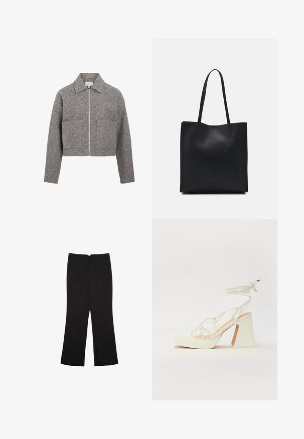 VILA VIJADAS - Overgangsjakke - medium grey melange; Simpel sort kortærmet bomulds T-shirt med rund hals, præsenteret på en hvid baggrund.; Sorte bukser med lige pasform, der har frontlommer og slidser i kanten. Lavet af blødt, glat stof. Velegnet til forskellige anledninger.; Hvide højhælede sandaler med en kraftig hæl, der har et stropdesign og ankelbinding. Glat tekstur med en platform foran for ekstra højde.; Sort læder tote taske med glat tekstur, rektangulær form og to lange hanke. Ingen synlig hardware eller udsmykninger.