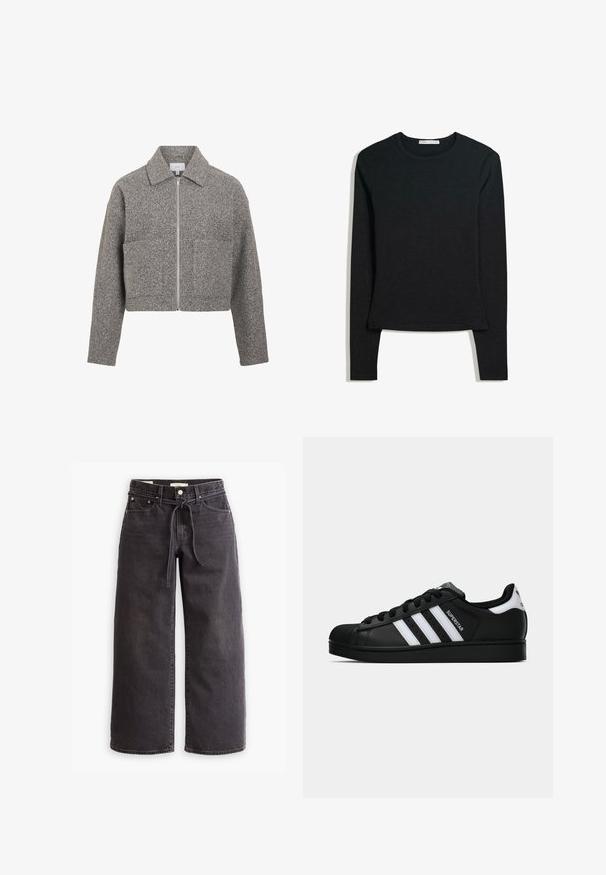 VILA VIJADAS  - Mezisezónní bunda  - medium grey melange; Černé dlouhé rukávy tričko vyrobené z měkké tkaniny, které má kulatý výstřih a přiléhavý střih se rovnými okraji a minimálními švy.; Černé široké džíny z denimu, vybavené stahovacími šňůrkami v pase, pěti kapsami a kontrastním prošíváním. Design s plochým předním dílem.; Černé tenisky Adidas Superstar se bílými pruhy, špičkou ve tvaru skořápky a textem "Superstar" na boku, zobrazené v bočním profilu na bílém pozadí.
