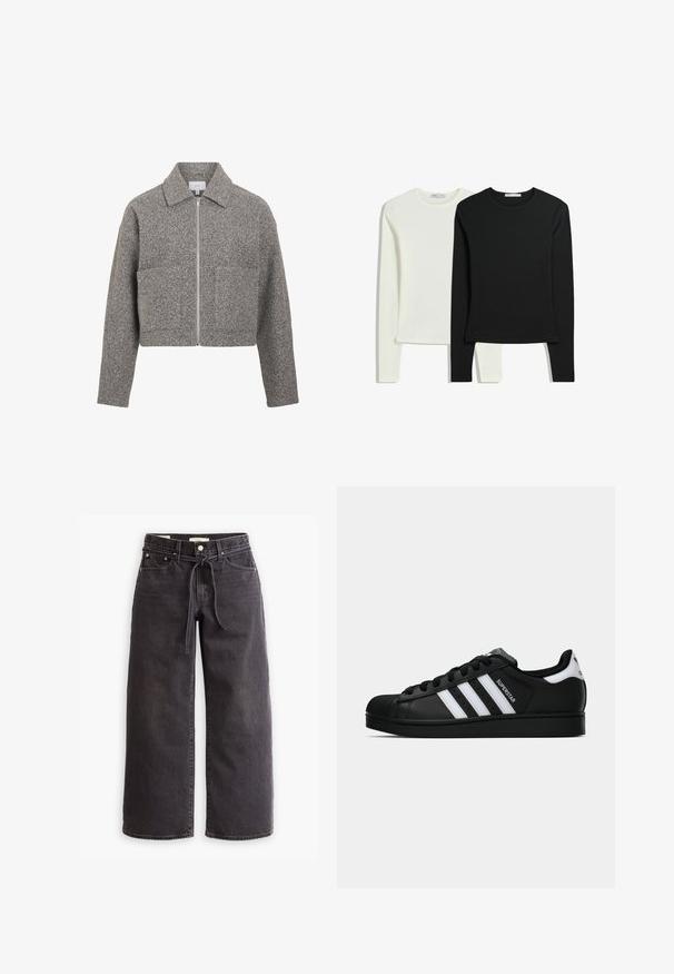 VILA VIJADAS - Jas - medium grey melange; Twee langemouwen shirts: een witte en een zwarte. Gemaakt van gladde stof, met ronde halslijnen en een getailleerde vorm met rechte zomen.; Zwarte wijde denim jeans met een trekkoord in de taille, vijf zakken en contrasterende stiksels. Platte voorkant.; Zwarte Adidas Superstar sneaker met witte strepen, schelpneus en 'Superstar' tekst aan de zijkant, afgebeeld in zijaanzicht op een witte achtergrond.