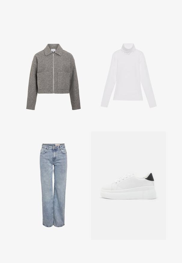 VILA VIJADAS - Viegla jaka - medium grey melange; Balts garie piedurknēm turtlenecks krekls, izgatavots no gludas, elastīgas auduma. Iezīmē augstu apkakli un pielāgotu dizainu, bez redzamām rakstainām vai rotājumiem.; Gaiši zili platlapu džinsi, izgatavoti no denima, ar augstu jostasvietu, piecu kabatu dizainu un vieglu nolietojuma efektu.; Baltas platforma kedas, izgatavotas no gludas sintētiskas vielas, ar noapaļotu purngalu, saites dizainu un teksturētu gumijas zoli. Melna papēža akcenta detaļa.