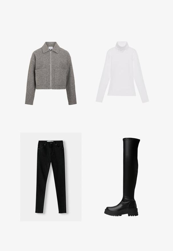 VILA VIJADAS - Overgangsjakke - medium grey melange; Hvid langærmet turtle-neck top lavet af glat, strækbart stof. Har en høj krave og tætsiddende design, uden synlige mønstre eller udsmykninger.; Sorte slim-fit jeans lavet af denim, med et klassisk fem-lomme design, lynlås foran og metalknaplukning. Glat tekstur hele vejen igennem.; Knæhøje sorte støvler lavet af glat syntetisk læder, med en kraftig sål og sidelogo detaljer, samt syninger langs den øverste kant.