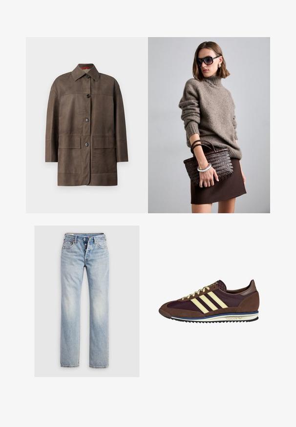 Brun læderjakke med krave, knapåbning og to store lommer. Den har en struktureret overflade og en løs pasform.; Hvid bomuld t-shirt med korte ærmer, rund hals og en glat tekstur. Bagsiden er ensfarvet uden ekstra mønstre eller designs.; Lysblå denim jeans med lige ben, fem-knap lukning og baglommer med diskret stikning.; Brune og bordeaux sneakers lavet af ruskind og mesh-materialer, med tre cremefarvede striber, tekstureret stof på tungen, og en gummisål.; DRAGON DIFFUSION MINI FLAT GORA - Håndtasker - dark brown