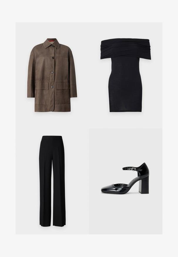 Rjavi usnjeni jopič s ovratnikom, sprednjim gumbom in dvema velikima žepoma. Ima teksturirano površino in ohlapen kroj.; Črna obleka brez naramnic z nabranim izrezom, ozkega kroja in gladke teksture. Minimalističen dizajn, do kolen, brez dodatnih okrasitev.; Črne široke hlače z gladko teksturo, z visokim pasom in središnjimi pregibi. Brez vidnih vzorcev ali kovinskih detajlov.; Črne lakirane usnjene čevlje s peto, kvadratnim izrezom, trakovi okrog gležnja in masivno peto. Vsebujejo perforirane detajle ob robu.